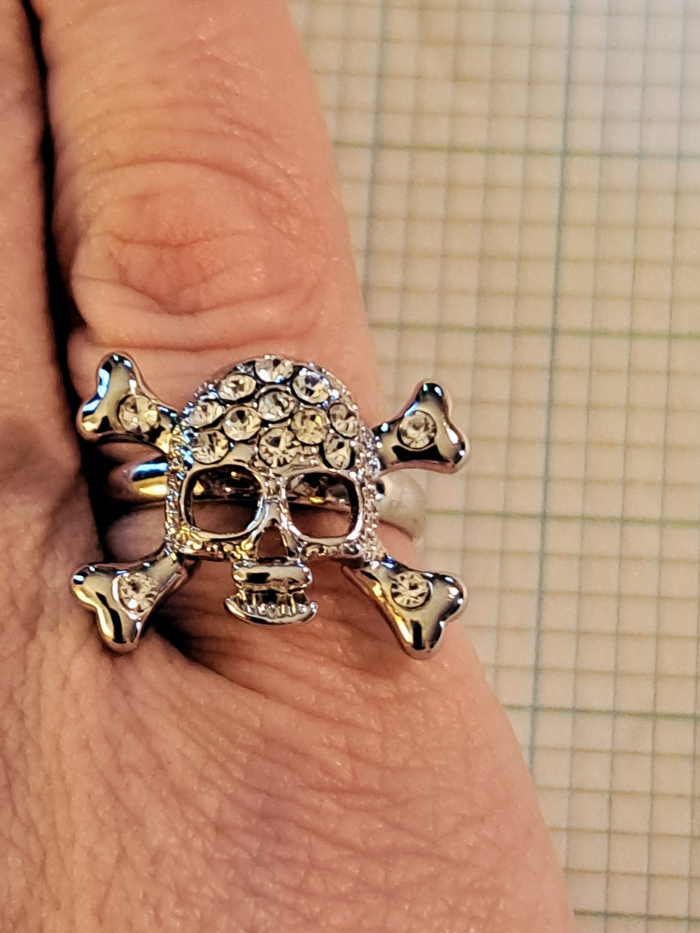 Crystal Skull & Crossbones Silver Tone Adjustable Ring - Clear Crystals